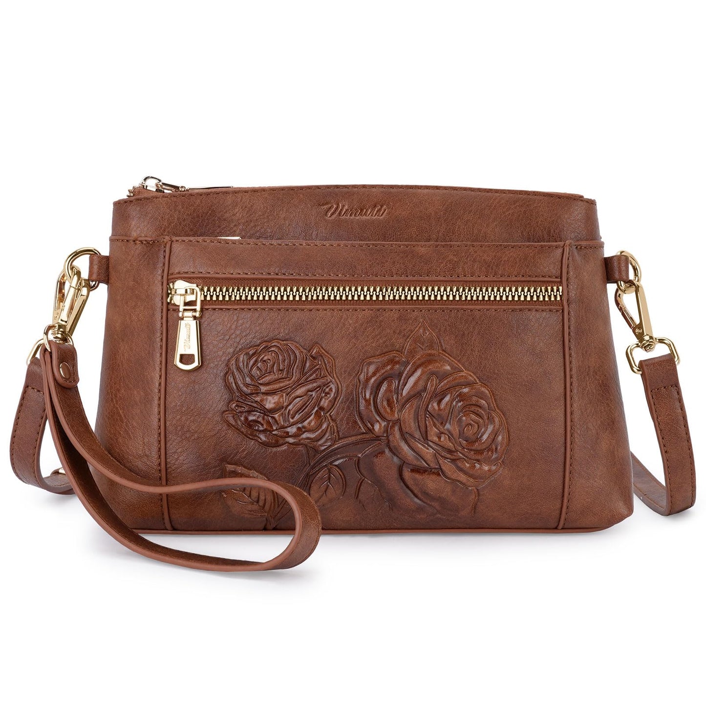 VIMUTI Vegan Leather Wristlet Wallet Purse for Women Small Clutch Purse with 2 Straps,Embossed Crossbody Cell Phone bag (Brown)