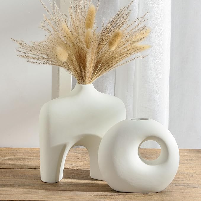 Ceramic Vase Set of 2, Modern Donut Vases for Minimalist Nordic Home Decor, Waterproof Round Vase, Decorative Centerpiece Vases for Room, Entryway, Bookshelf, Table Decor (Matte OffWhite)
