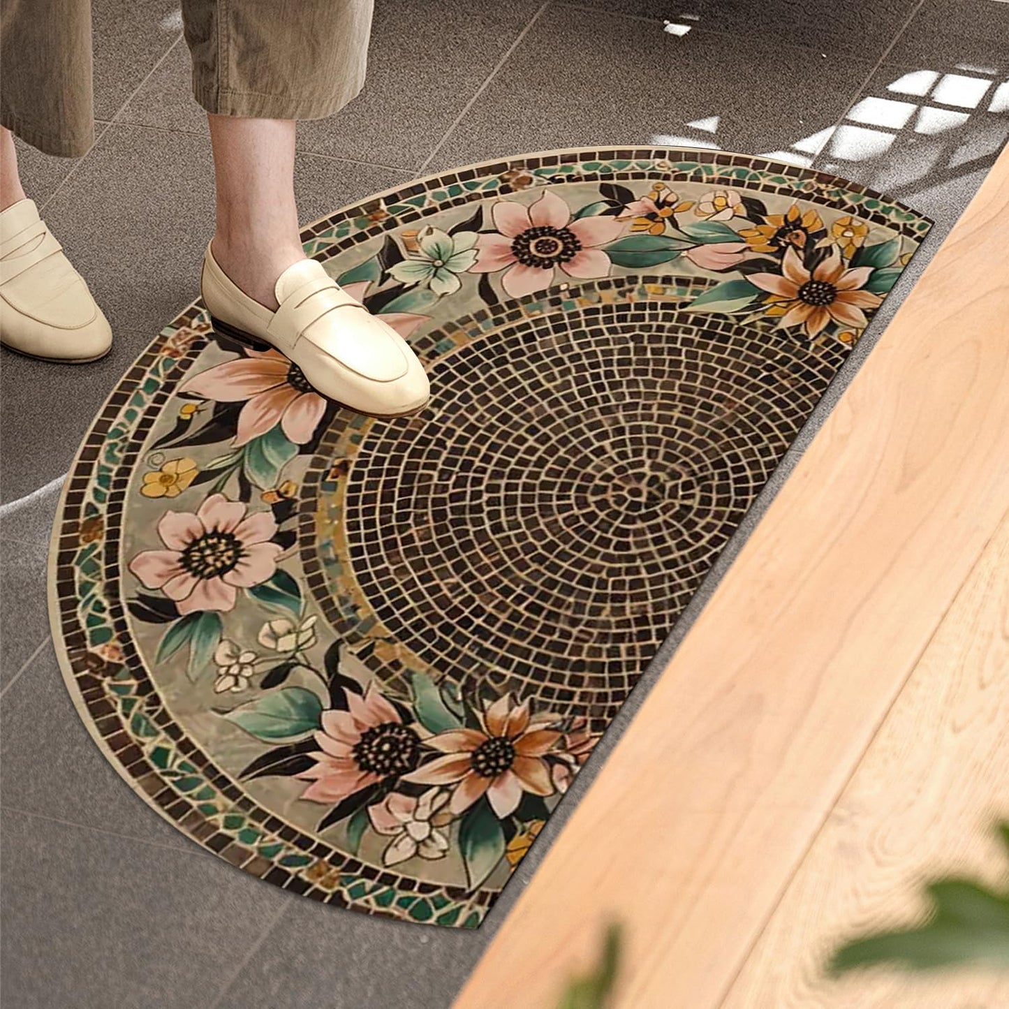 Half Round Door Mat 17"x30" Brown/Pink, Retro Blossoming Flowers Boho Semi Circle Rug, Non-Slip Washable Absorbent Mat, Soft Half Moon Floor Mat for Indoor Outdoor Front Door Kitchen Bathroom Patio