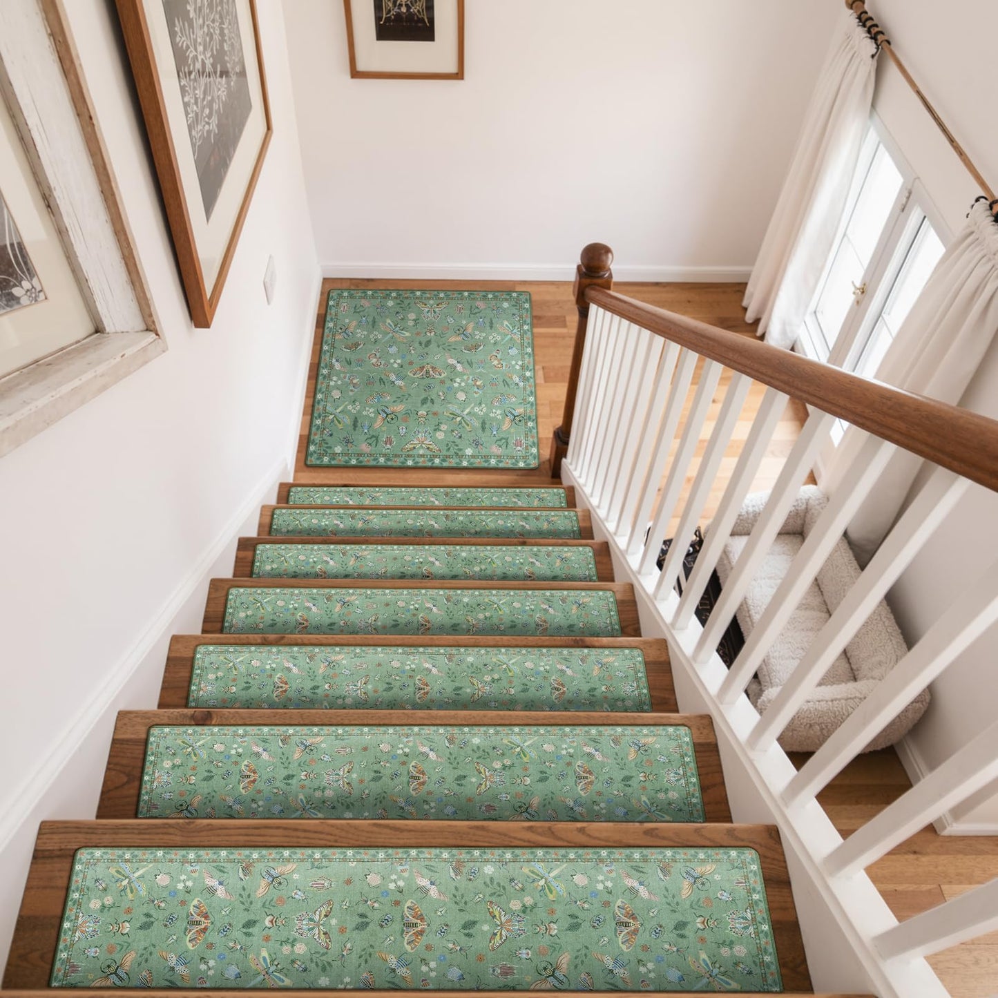 OJIA Stair Treads Non-Slip Matching Mat for Wooden Steps, Square Capet Stair Treads Rubber Backing Stair Runner Anti-Slip Stair Landing Mat 31x31 Inch Stair Rugs Carpet for Stairs， Green