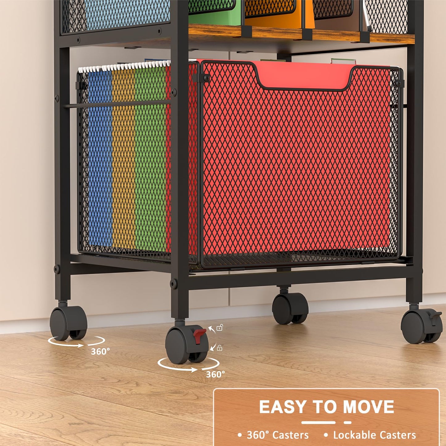 Tiaoheka Rolling File Cabinet with Adjustable Dividers, Vertical Filing Cabinet with Storage Drawer on Lockable Wheels, Hanging File Organizer Beside Under Desk for Office, Home（Patent Pending）