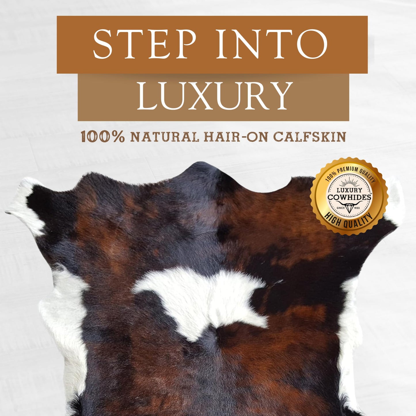 Sunshine Cowhides 100% Genuine Calfskin Tricolor Exotic Calf Hide Cowhide Rug - Modern Style Animal Skin Rug & Floor Carpet for Living Room, Bedroom, Kitchen & More - Small (3 x 3 Ft.)