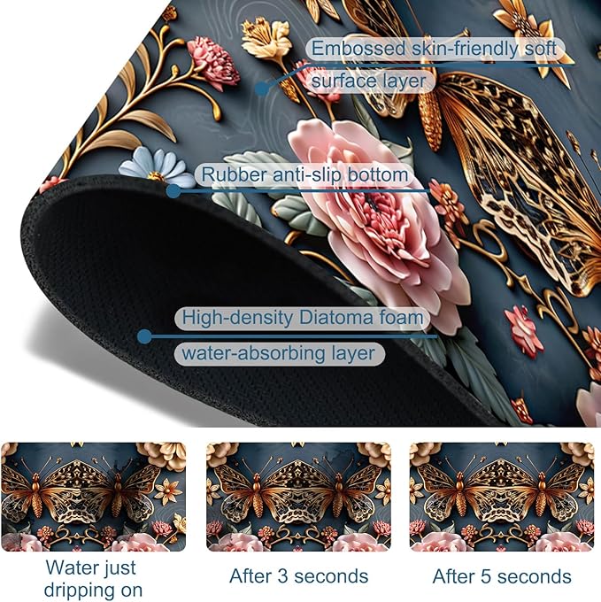 Gold Butterfly Kitchen Sink Splash Guard Faucet Mat Pink Floral Super Absorbent