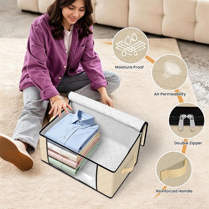 Fab totes 35L Closet Organizers and Storage, Foldable Under Bed Storage Containers, Storage bags for Organizing Bedroom, Closet, Clothing,Organization with Handle (6 Pack,Beige)