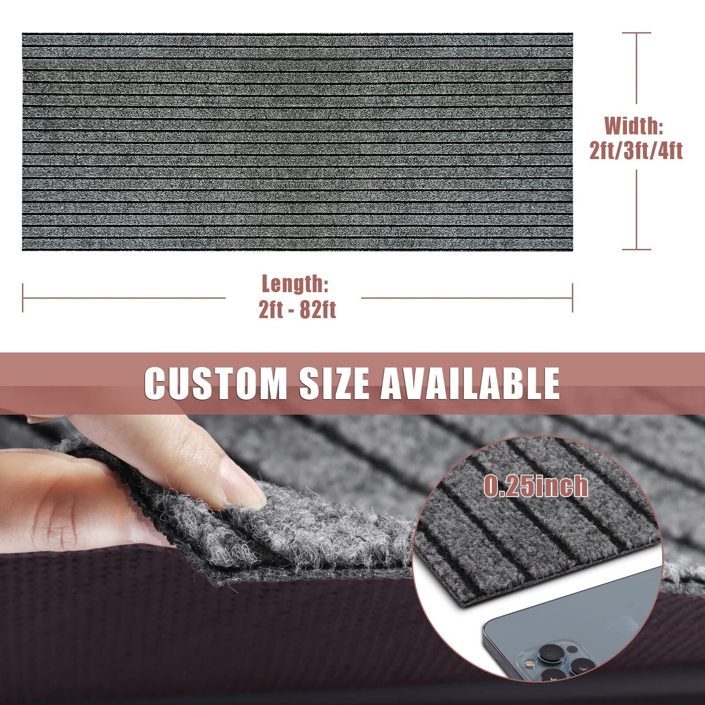 Runner Rug 2 ft x 6 ft Indoor/Outdoor Low Profile, Hallway, Kitchen, Patio, Deck Area, RV, Entryway, Garage, with Non-Slip Rubber Backing, Gray with Black Stripe, Custom