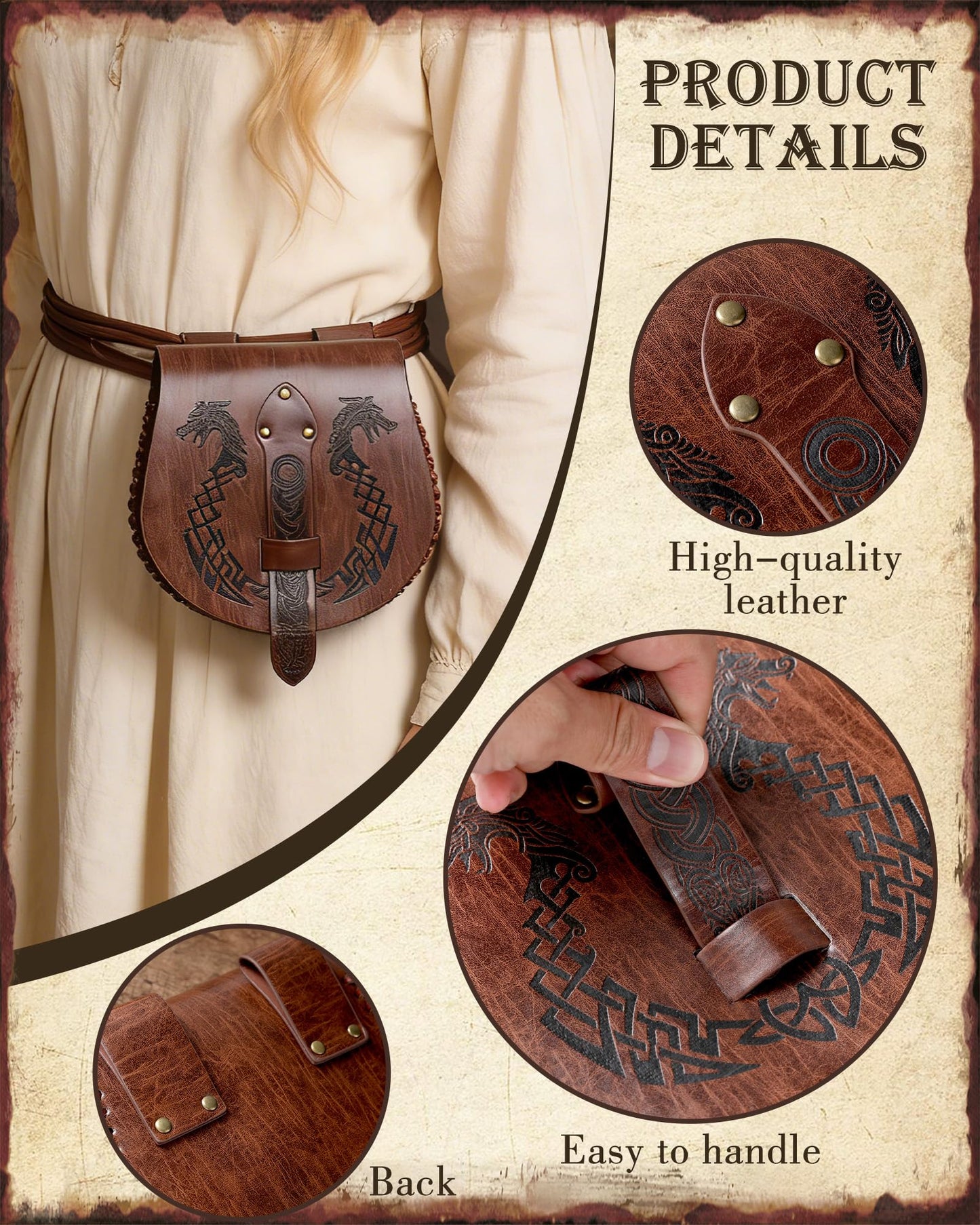CoTeeZa Medieval Faux Leather Belt Pouch - Adjustable Brown Viking Dragon Ship Embossed Waist Bag for LARP Renaissance Halloween Cosplay Festival Costume Accessories for Men Women