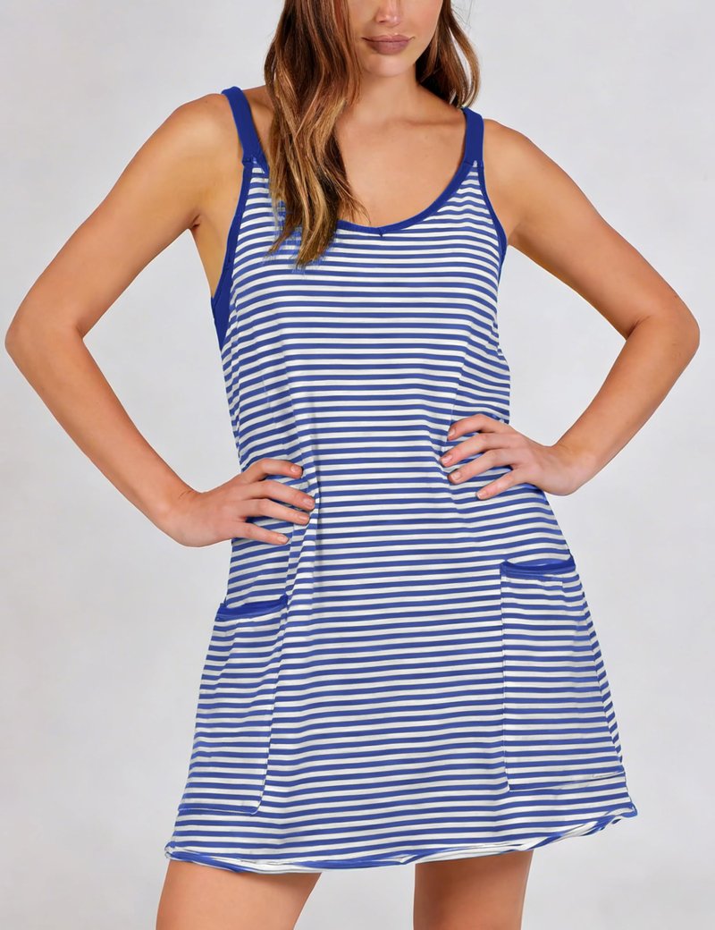 Zhiyouni Women's Summer Athletic Mini Dress Sleeveless V Neck Built-in Shorts Striped Tennis Workout Vacation(KleinBlue-M)