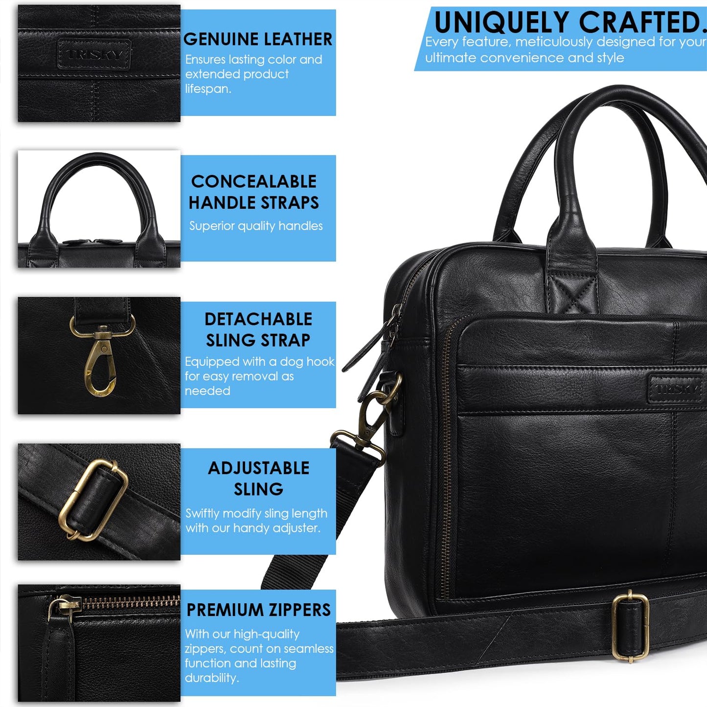 TRISKY Leather Laptop Bag For Men And Women - 16-inch Messenger Bag for Women Crossbody For Office Business Travel - Black Leather Briefcase for Men - Black