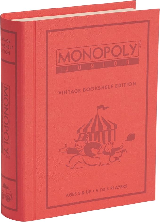 WS Game Company Monopoly Junior Vintage Bookshelf Edition: Linen Fabric-Wrapped Book Case — Classic Monopoly Jr. Board Game for Family Game Night (2-4 Players Ages 5+)