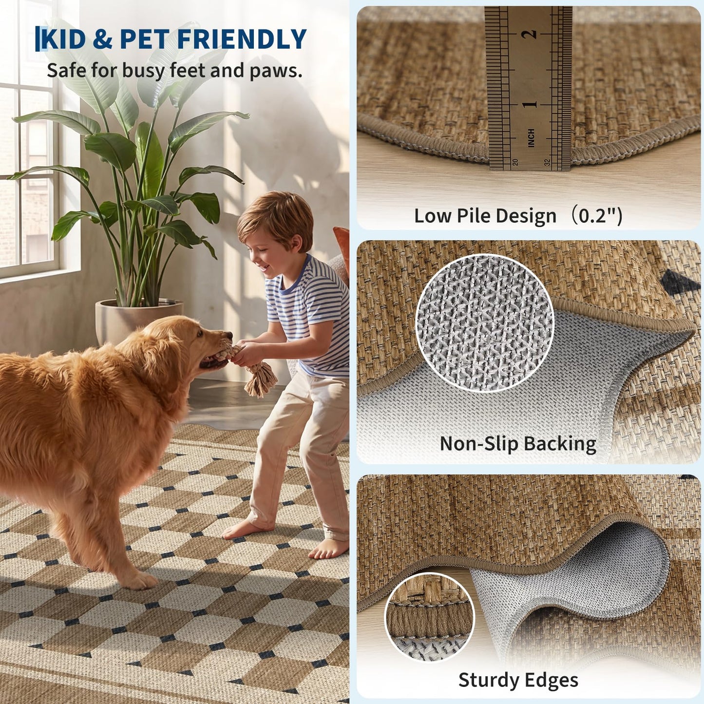 Garvee Easy Jute Scalloped Area Rug, 4x6 Neural Checkered Modern Washable Rugs for Living Room Non-Slip Low Pile Entryway Rug, Farmhouse Indoor Outdoor Carpet for Kitchen Backyard Bedroom Office 4'x6'