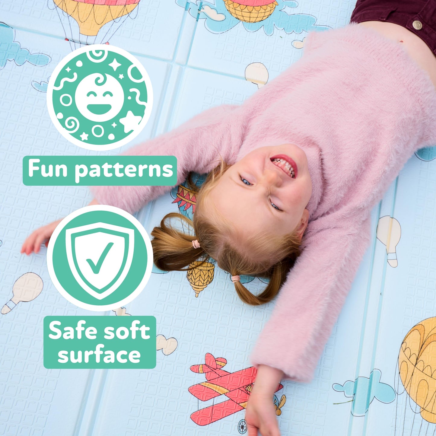 Nuby Reversible Baby Floor Mat - Foldable and Lightweight Foam Infant Play Mat - 77" x 58" - Easy Storage and Travel - Hot Air Balloons/Stripes