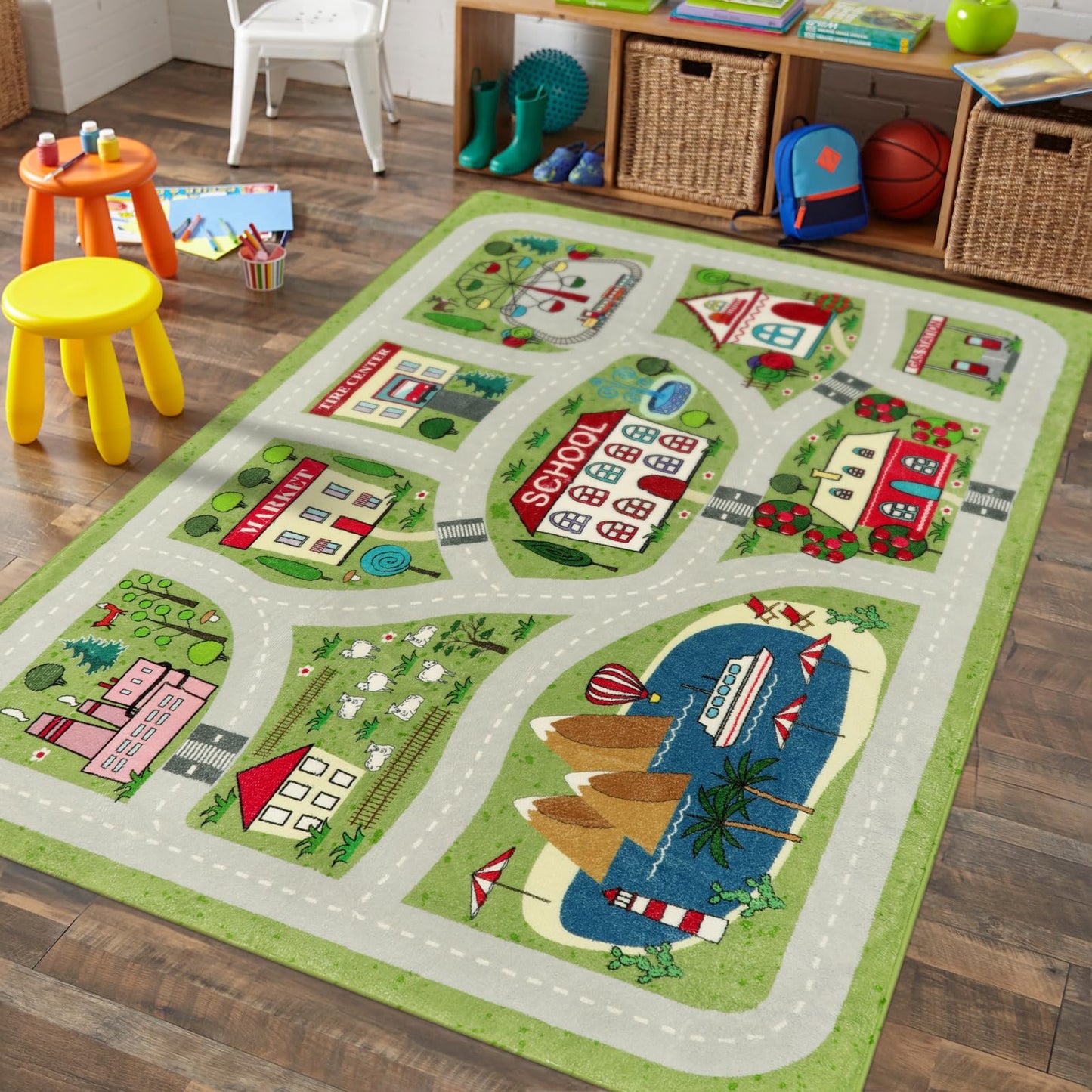 LIVEBOX Green Kids Playroom Rug, 5'x7' Washable Road Rug for Kids Room, Non-Slip Soft Car Rugs Play Mat for Baby Nursery, Large City Traffic Rugs Classroom for Boys Girls Dorm Toy Room Tent
