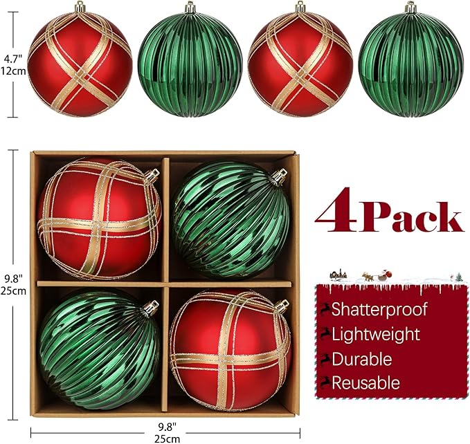 4.7" Large Plastic Christmas Balls Ornaments Set of 4, Glitter Shatterproof Christmas Bulbs Ornaments for Xmas Tree Decorations, Red and Green Ornament for Tree, Mantel, Garland, Winter, Holiday Decor