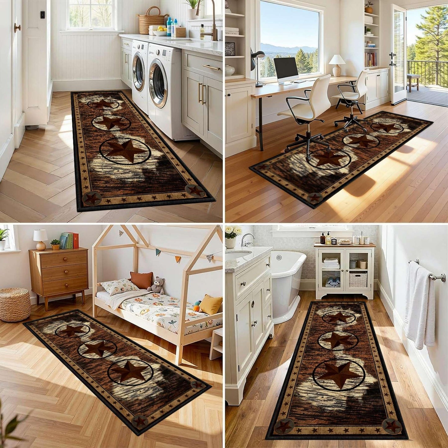 CRJMKS 2.6x7 Western Rugs for Hallway Rustic Brown Texas Stars Long Runner Rug,Native American Tribal Inspired Indoor Accent Throw Carpet for Farmhouse Bathroom Rug Non Slip Easy to Clean
