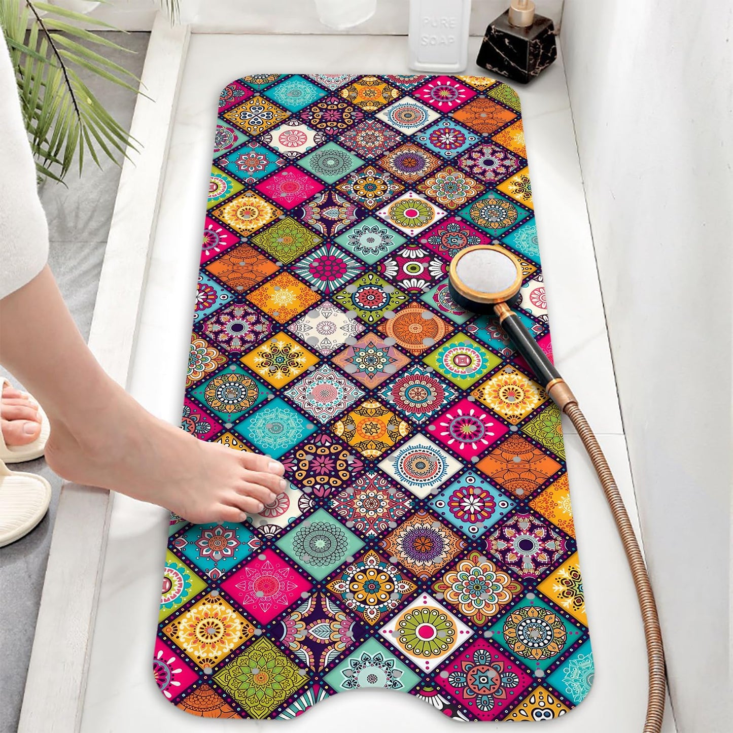 Bathtub Mat Non Slip, Bohemia Extra Long Bath tub Mat Shower Floor Mat with Suction Cups and Drain Holes for Adults Kids Elderly 40 X 16 Inch