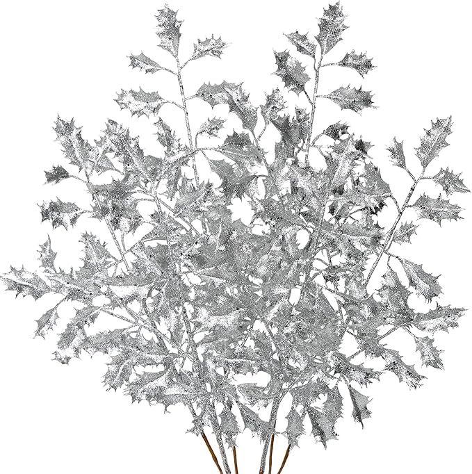 DILATATA 6Pcs Christmas Glitter Leaves Holly Leaves 23" Artificial Silver Holly Leaf Picks Sprays Giltter Stems for Christmas Tree DIY Xmas Wreath Garland Home Decor - Silver