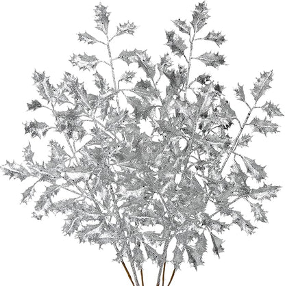 DILATATA 6Pcs Christmas Glitter Leaves Holly Leaves 23" Artificial Silver Holly Leaf Picks Sprays Giltter Stems for Christmas Tree DIY Xmas Wreath Garland Home Decor - Silver