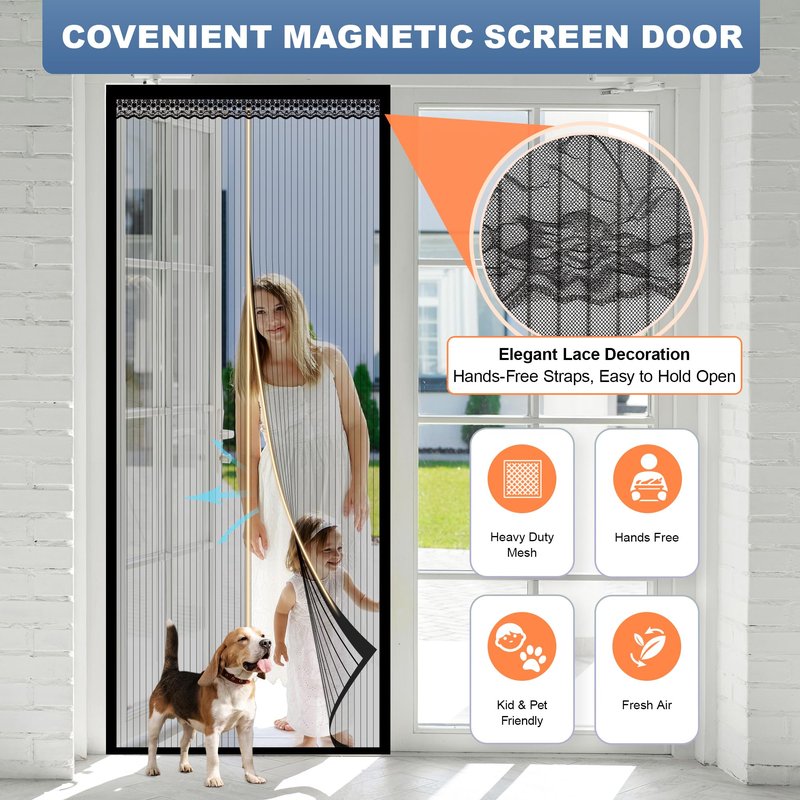 METAONLY Magnetic Screen Door Mesh, Works for Patio, Sliding Door, Keeps Bug Mosquito Out, Fresh Air Flow, Fits 32" x 80" Door - Curtain Size 34" x 82", Black with Lace