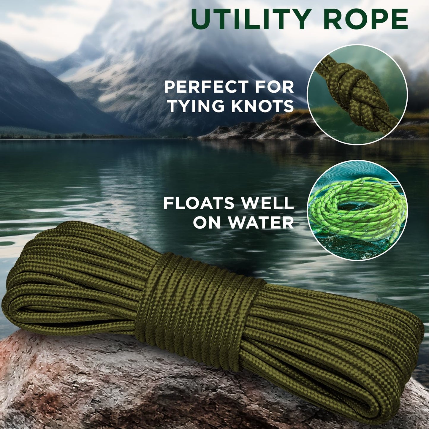 TECEUM Rope – 90 Feet x 1/4 Inch (7mm) – Army Green – Strong All-Purpose Utility Rope – Camping, Crafting, Flag Pole, Indoor & Outdoor – Polypropylene Nylon Poly Lightweight Diamond Braided Cord
