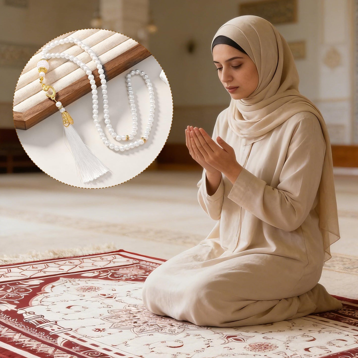Islamic Prayer Rug Set, Muslim Prayer Mat with Mihrab Arch Floral Red Design and White Beaded Tasbih with Tassel, Thin Janamaz for Ramadan Eid Home Travel, Gift for Women Men (43" x 28")