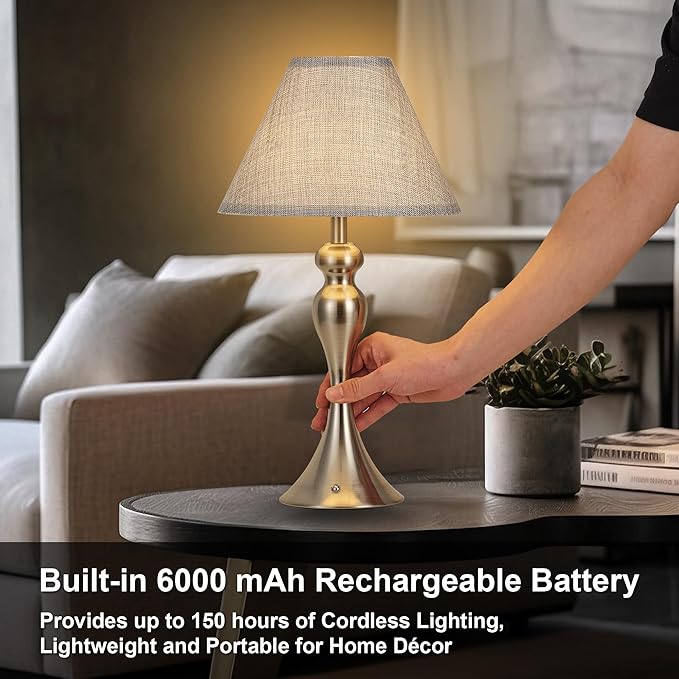 Cordless Bedside Lamp for Living Room, Table Lamp for Bedroom, 3-Way Dimmable Nightstand Lamp with Fabric Shade, Rechargeable Touch Led Desk Lamp Battery Operated Lamp for Dorm, Home Office (Nickel)