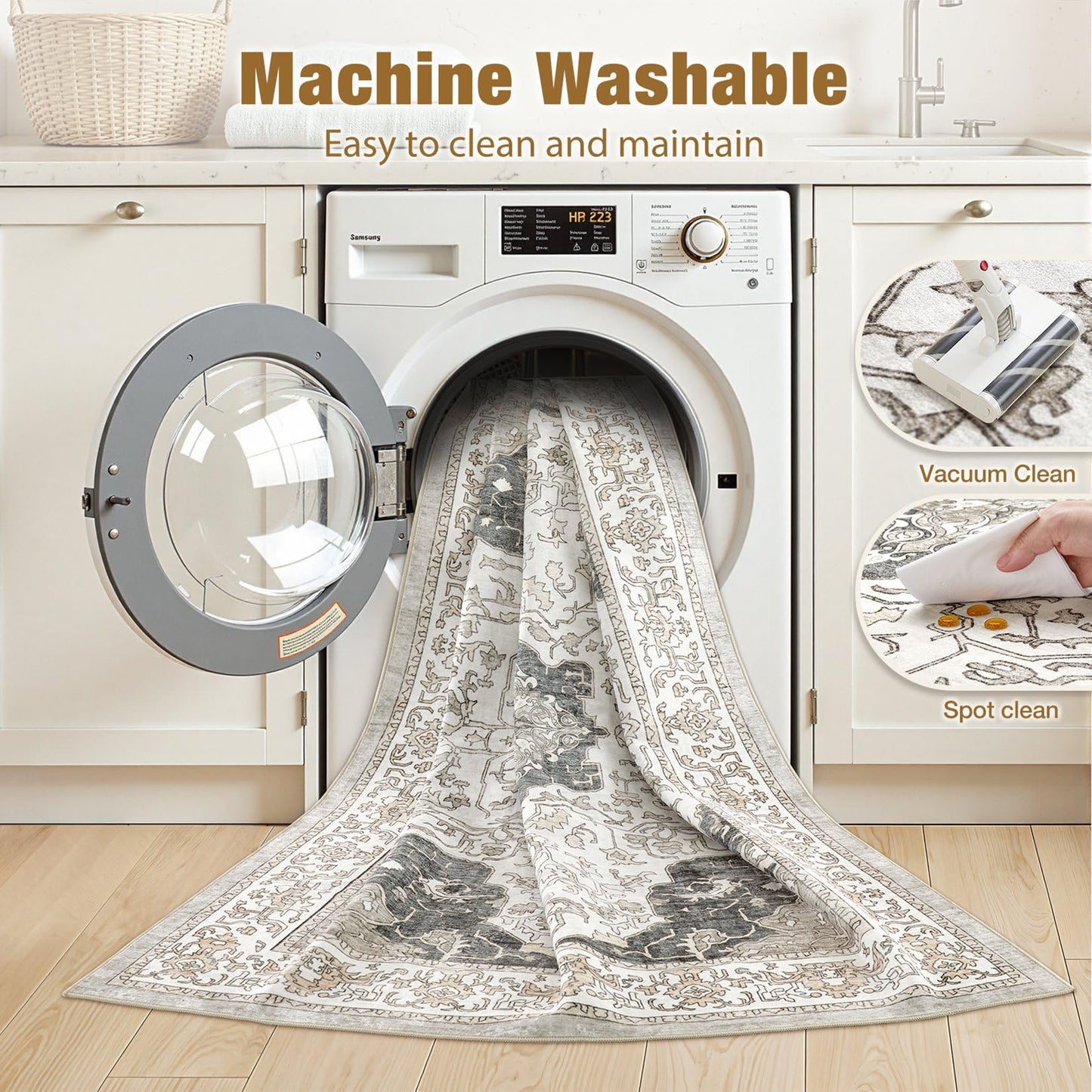 cotiled 5x7 Area Rug Machine Washable Vintage Carpet for Living Room Bedroom Soft Non-Slip Backing Floor Mat Kid & Pet Friendly Stain Resistant Light Brown