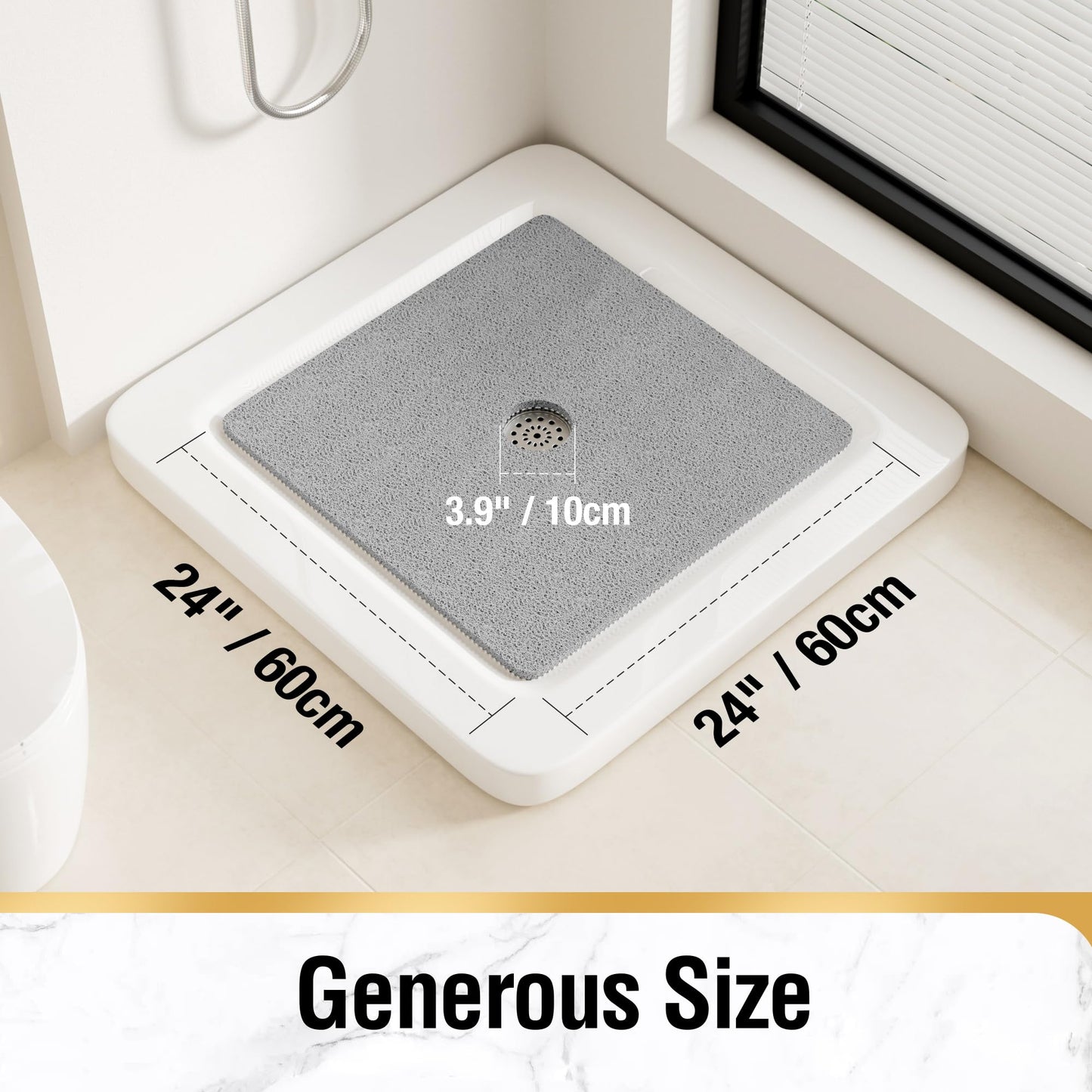 HITSLAM Square Shower Mat, 24 x 24 Inch Non Slip Bath Mat for Tub, Soft PVC Loofah Bathtub Mats with Drain Holes, Quick Drying Bathroom Stall Floor Mat, Bathroom Accessories Without Suction Cup, Grey