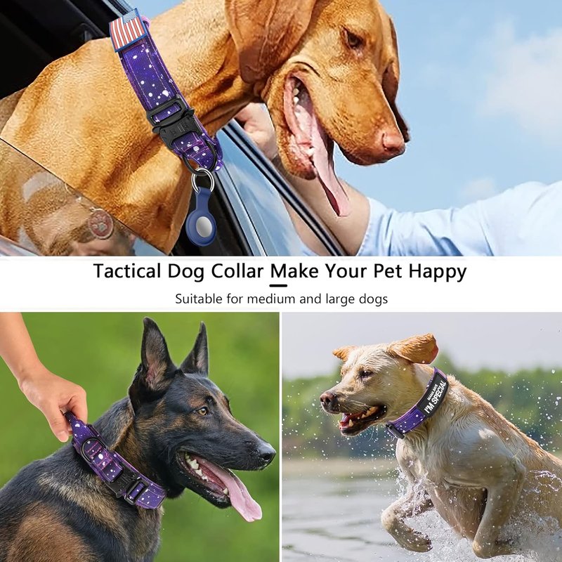 Tactical Dog Collar - Adjustable Military Nylon with Control Handle & Heavy Metal Buckle | Large Purple Sky