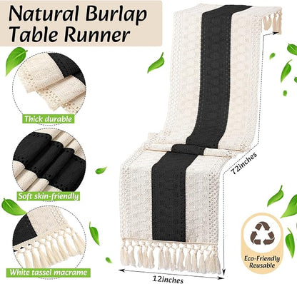 6 Sets Boho Decoration Placemats Round Woven Placemats, Cloth Napkins, Wood Bead Napkin Rings, Long Table Runner and Farmhouse Burlap Cotton for Table Kitchen (Black,12x72)