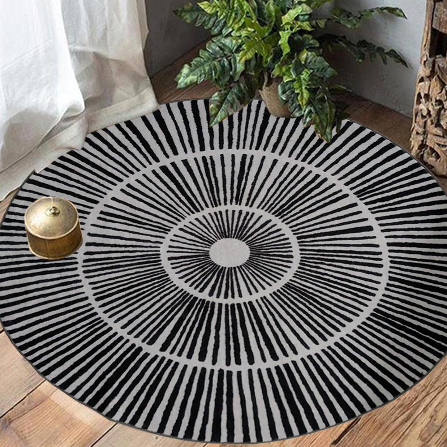 Lacomfy Modern Abstract Rug - 4Ft Round Contemporary Geometric Carpet, Suitable for Bedroom Living Room Dorm Dining Room Farmhouse, Chic, Sun, Lines, Nonslip Washable Circle Floor Mat, Black