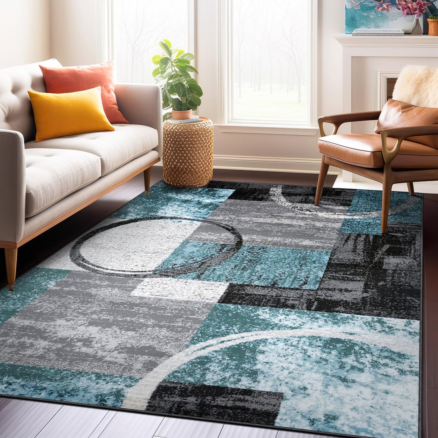 Rugshop Contemporary Circle Design Area Rug, Durable Fade-Resistant Carpet Alfombras for Bedroom, Living Room and Dining Room, Gray, 7'10" x 10'2"