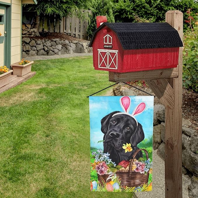 Labrador Dog Lab Black Flower Egg Happy Easter Garden Flag Welcome Party Outdoor Outside Decorations Picks Home House Garden Yard Decor 12x18 Inch