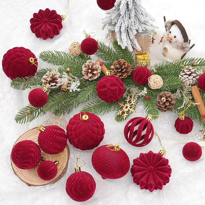 Velvet Christmas Balls 48pcs Flocked Christmas Tree Ornaments Set Shatterproof Christmas Ornaments with Hanging Rings Suitable for Xmas Tree Holiday Decor (Wine Red)