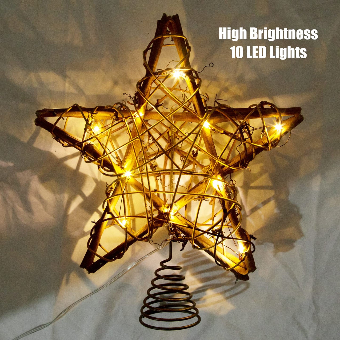 LAWOHO Christmas Tree Topper Star, 10-inch Rustic Brown Rattan Natural with 10 Warm White Lights Three Functions with Timer, Seasonal Decoration for Festive Christmas Home Indoor Ornament