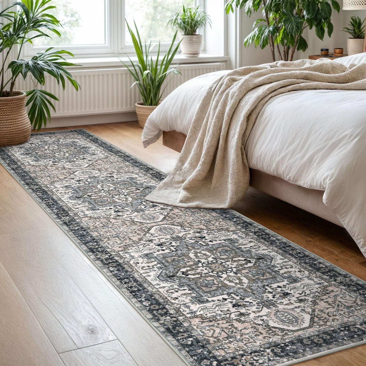 KOZYFLY Runners for Hallways 2x8 Ft Washable Kitchen Runner Rug Boho Entry Rug for Hallways Indoor Printed Faux Wool Long Floor Carpet for Entryway Bedroom Kitchen Hallway Use, Black/Taupe/Beige
