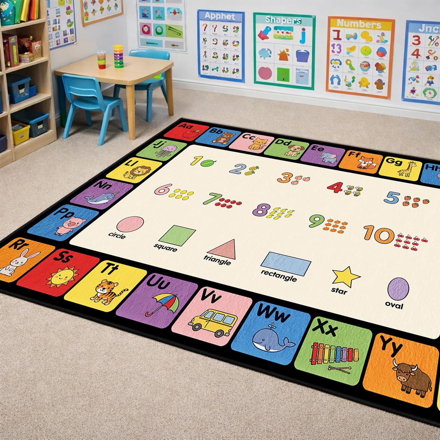 ABC Rug for Classroom, Alphabet, Numbers & Shapes 3-in-1 Educational Area Rugs for Childrens, Non-Slip Animals Learning Carpet for Kids Room, Daycare, Preschool, Elementary -5' x 7' (Multi-Color)