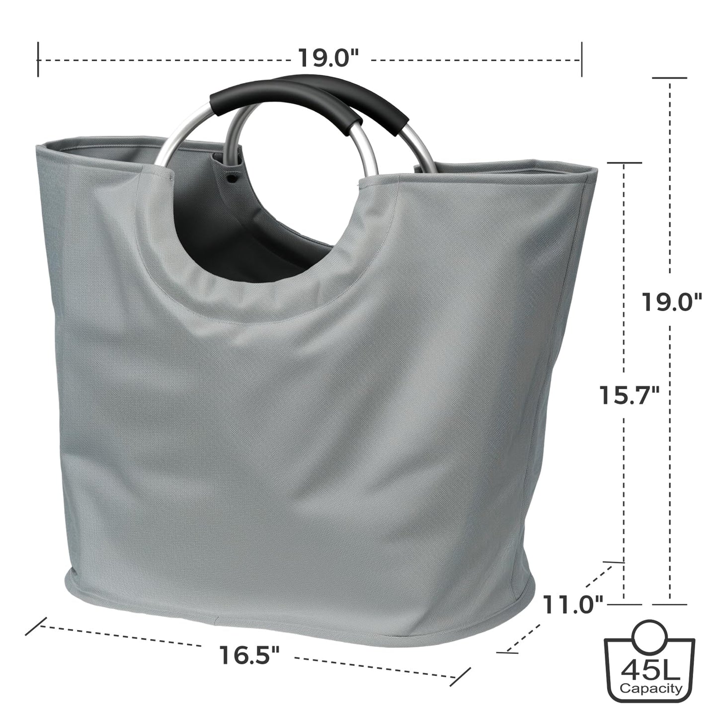 VICSKY Utility Tote Bag - Lightweight & Durable Beach/Pool Bag | Soft-Padded Metal Hoop Handle | Stand-Up Reusable Grocery Tote for Shopping/Farmers Market/Picnic/Dog Walking (45L, Grey)