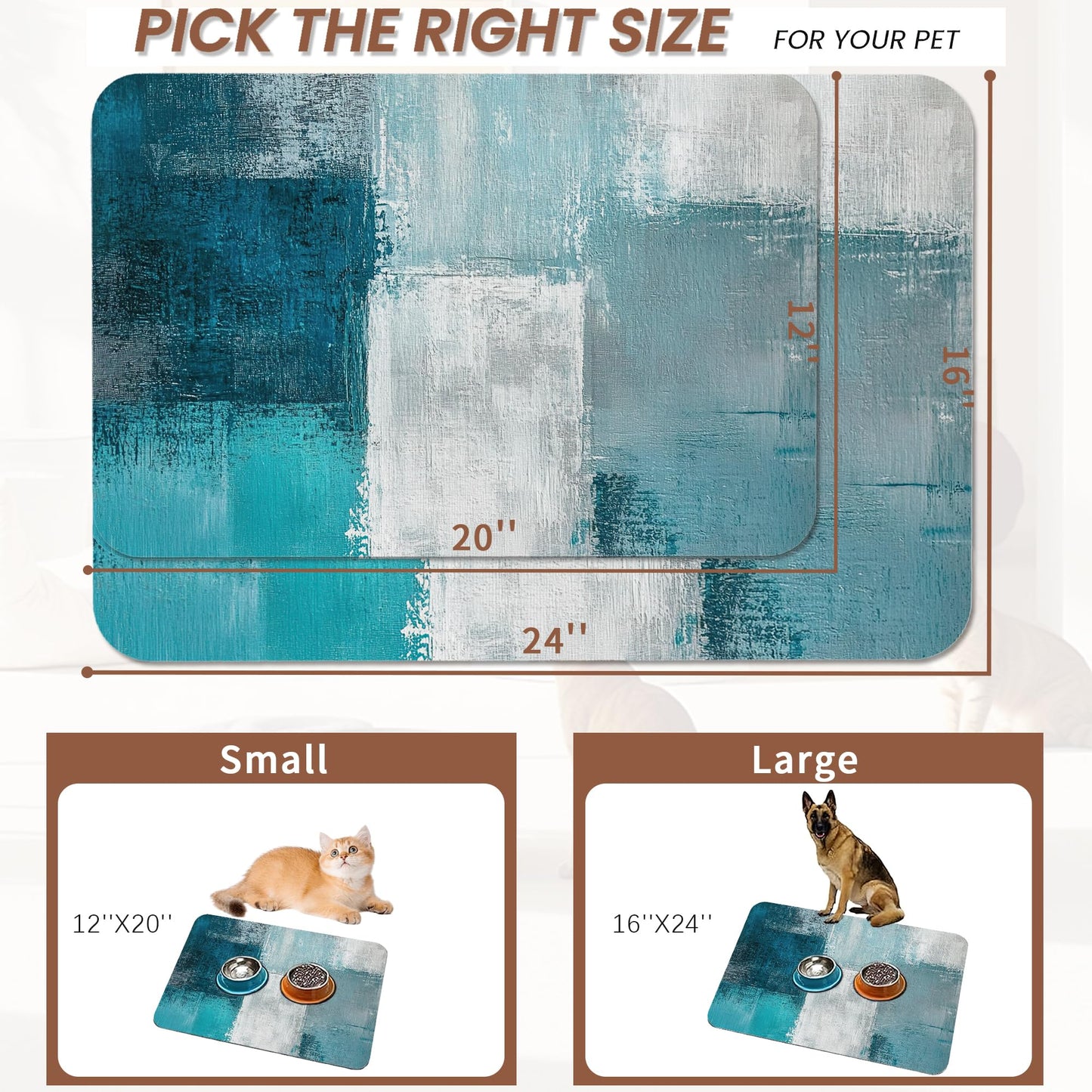 Turquoise Grey Dog Cat Food Mat,Teal Modern Art Absorbent Pet Feeding Mat for Food and Water,Non-Slip Dog Bowl Mats Floor Protector 16"x24"