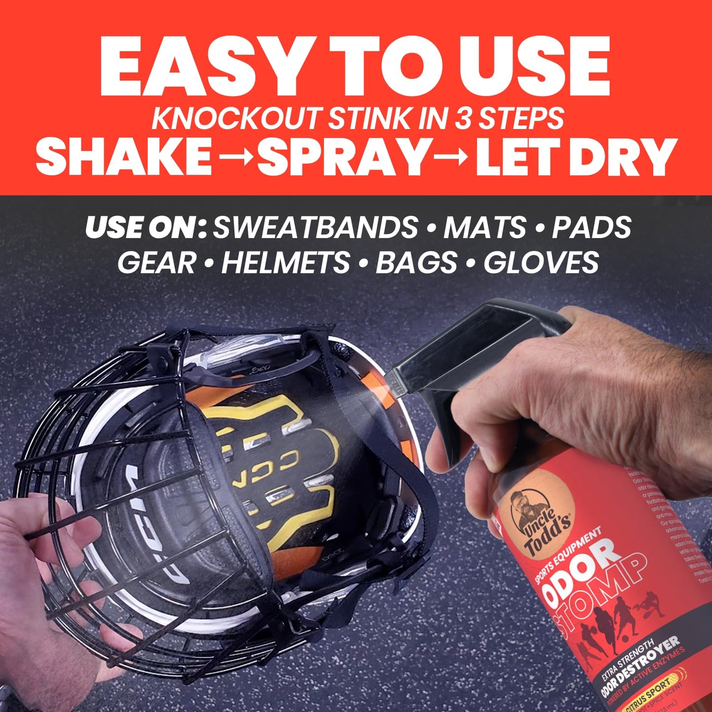 Uncle Todd’s Odor Stomp Sports Equipment Odor Eliminator Spray - Extra Strength Enzyme-Powered Deodorizer for Football, Hockey, Gym Bags, and Athletic Gear - Citrus Sport Scent - 16oz