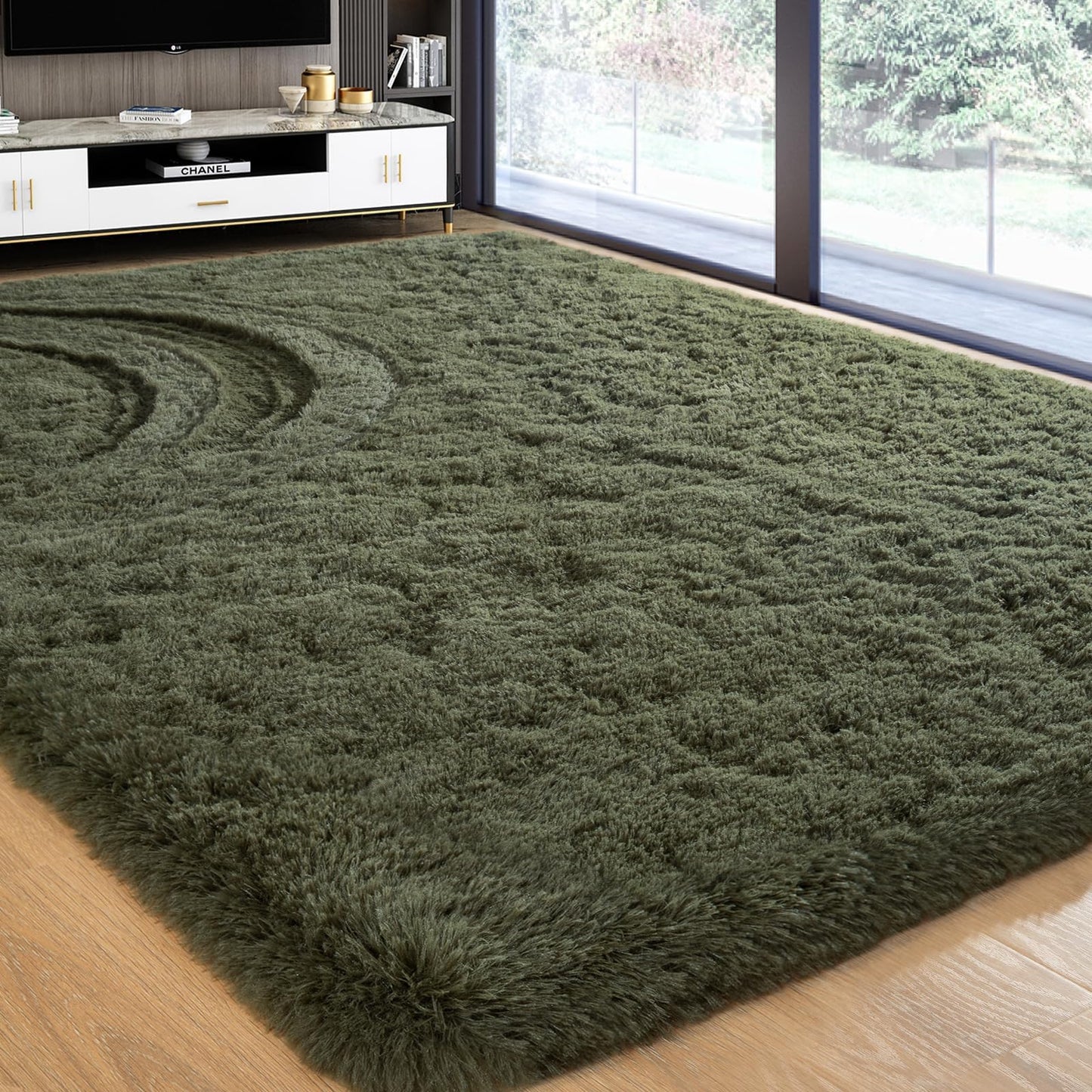 Softlife Rug for Bedroom 4x5.3 Feet Area Rug for Living Room Super Soft Shaggy Rugs for Kids Room Fluffy Fuzzy Carpets Long Plush Bedside Rug Nursery Christmas Home Decor for Boys Girls, Olive Green