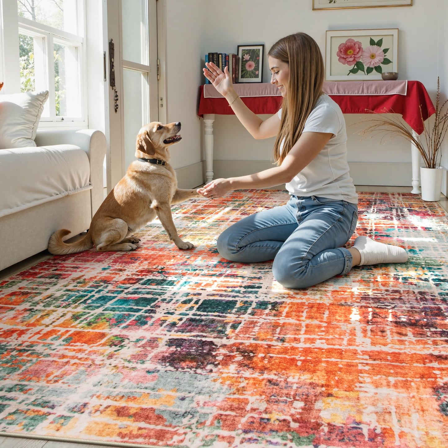 Beeiva Abstract Living Room Carpet 6x9, Modern Washable Non Slip Area Rug, Ultra Thin Foldable Low Pile Rugs for Bedroom Dining Room Playroom Office - Multicolor