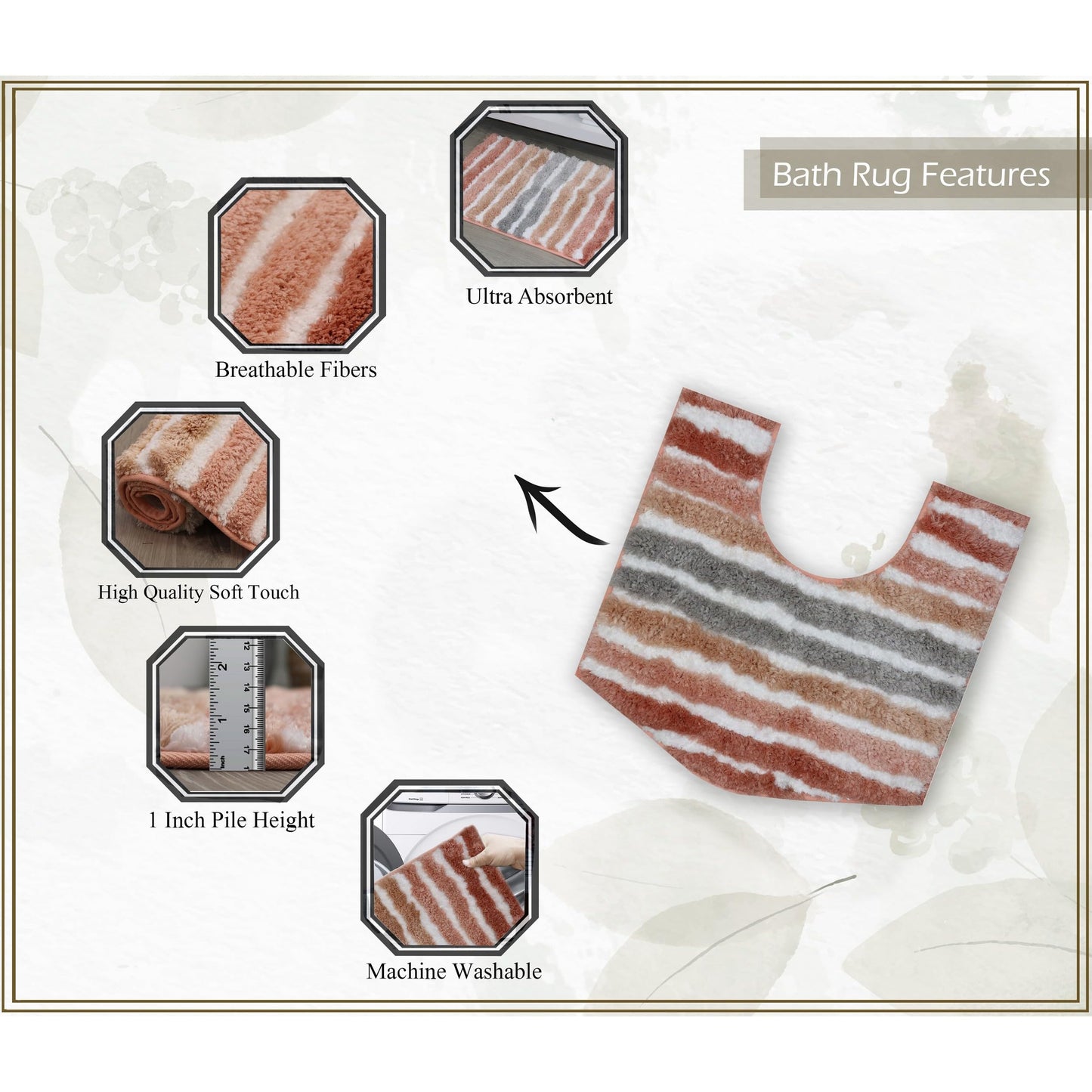 Home Weavers Luxury Toilet Rugs U-Shaped 20x20, Extra Soft and Absorbent Microfiber Bathroom Rugs, Non-Slip Plush Shaggy Bath Mat, Machine Wash Dry, Contour Bathroom Mats for Toilet Base, Coral