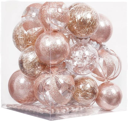 XmasExp 32ct Christmas Ball Ornaments Set -Rose Gold Clear Plastic Shatterproof Xmas Tree Ball Decorations Hanging Baubles for Holiday Decor