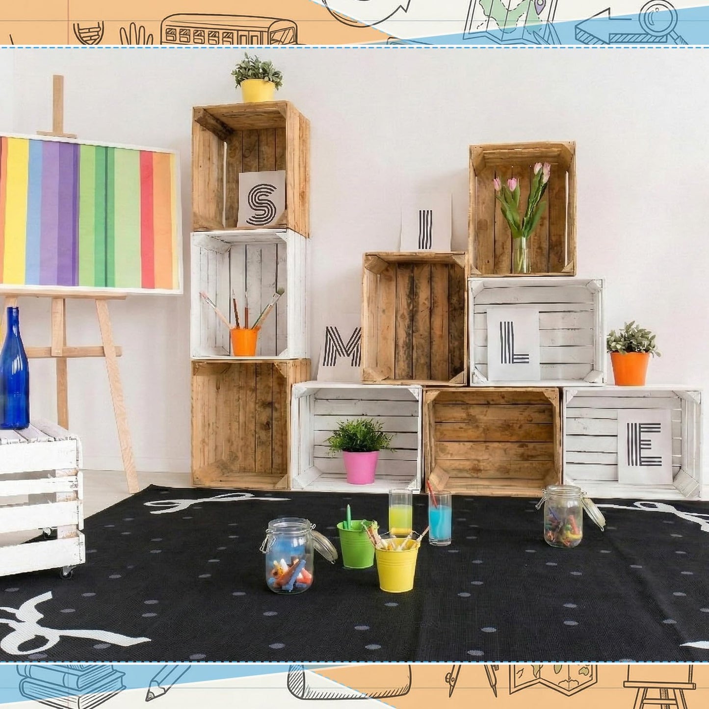 Nuanchu Calming Corner Classroom Rug Black Bow Kids Playroom Rug Educational Soft Carpets 5 X7 ft Large Washable Classroom Mat with Rubber Backing for Bedroom Nursery Homeschool Elementary