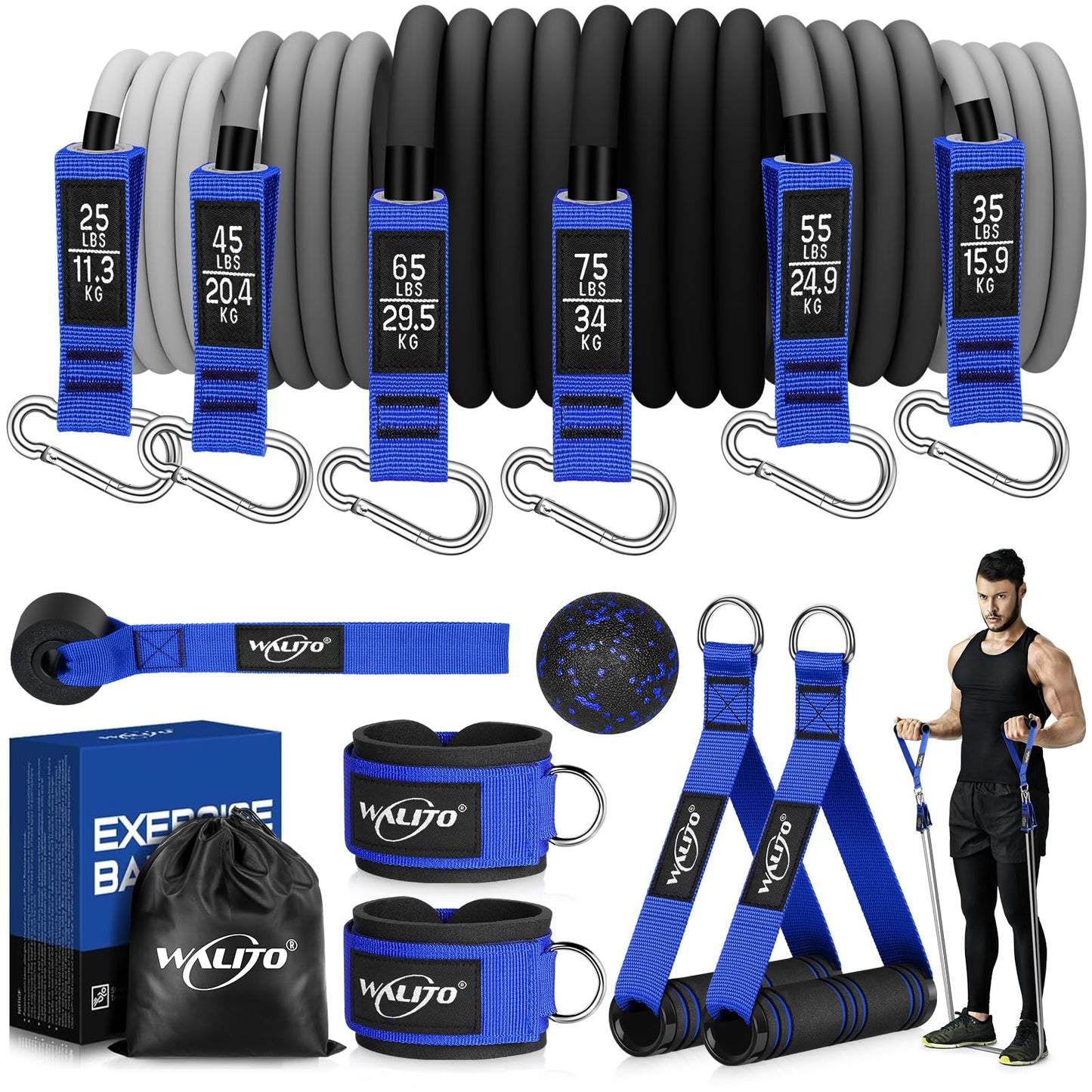 WALITO Resistance Bands Set - Exercise Bands with Handles, Door Anchor, Legs Ankle Straps, for Heavy Resistance Training, Physical Therapy, Muscle Training, Yoga, Home Workouts, Gym