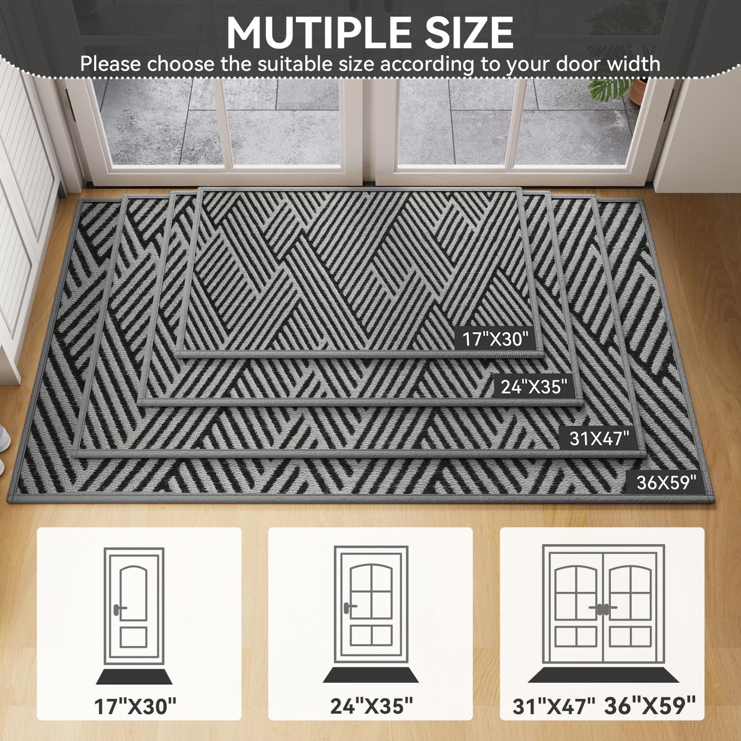 QiCaiJia Door Mat Indoor Outside Entrance 31"x47", Low-Profile Non Slip Outdoor Inside Doormat Entryway Mat, Dirt Resistant Absorbent Front Porch Welcome Entry Mats, Washable Easy Clean, Grey