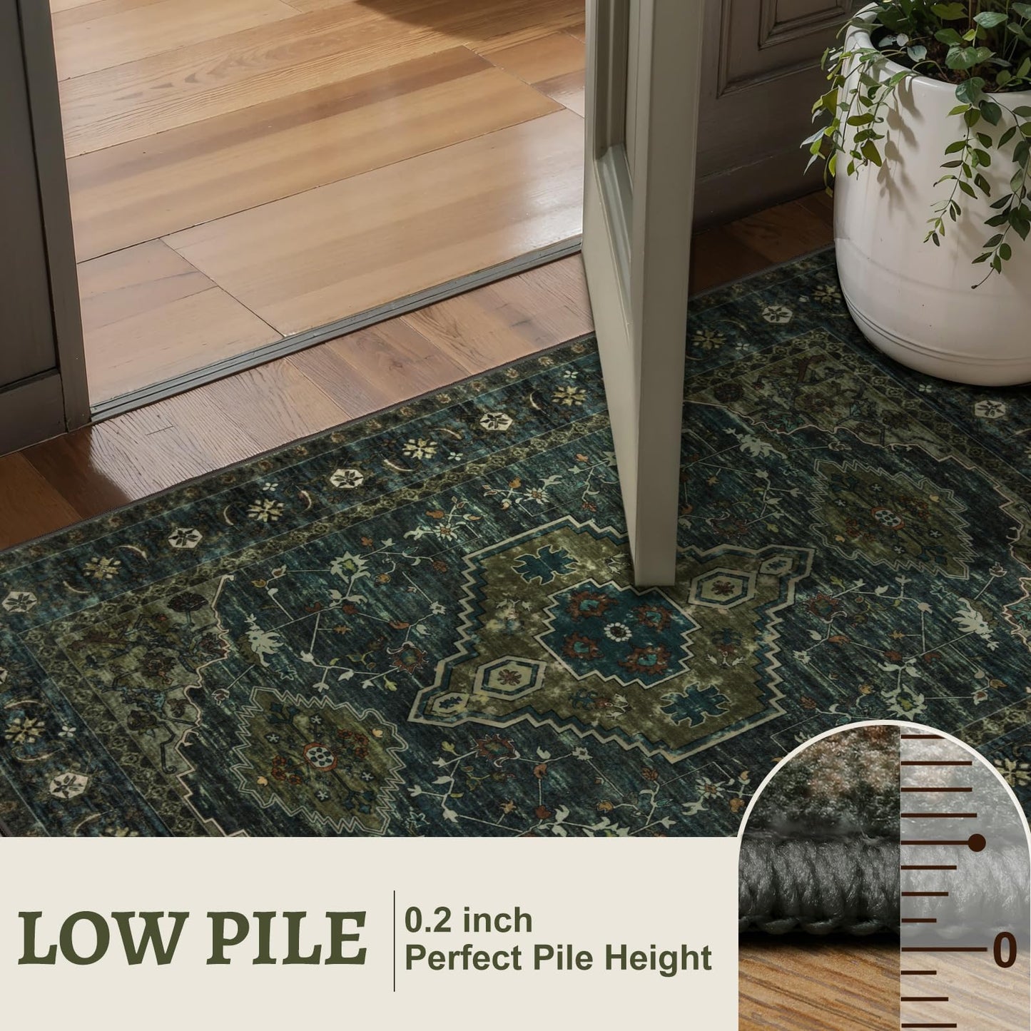 Tangsoo 3x8 Washable Runner Rug for Hallways, Non Slip Vintage Runner Rug, Soft Low Pile Long Rug Runner, Print Distressed Green Carpet Runners for Kitchen Bedroom Entryway Bathroom Living Room