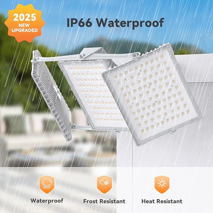 750W 2025 Plus New Upgraded LED Flood Light Outdoor, 75000LM Super Bright Stadium Lights, 6000K Daylight White, IP66 Waterproof, 3 Heads Adjustable Outdoor Floodlight for Yards, Arena, Garden