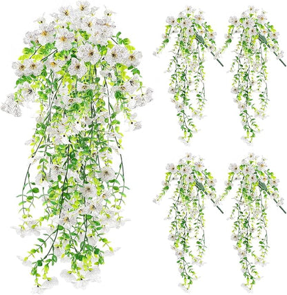 Artificial Fake Hanging Flowers Plants for Outdoor Spring Summer Decoration, 4pcs Faux Silk Realistic UV Sun Resistant Daisy for Outside Porch Patio Window Box Yard Home Decor (White)