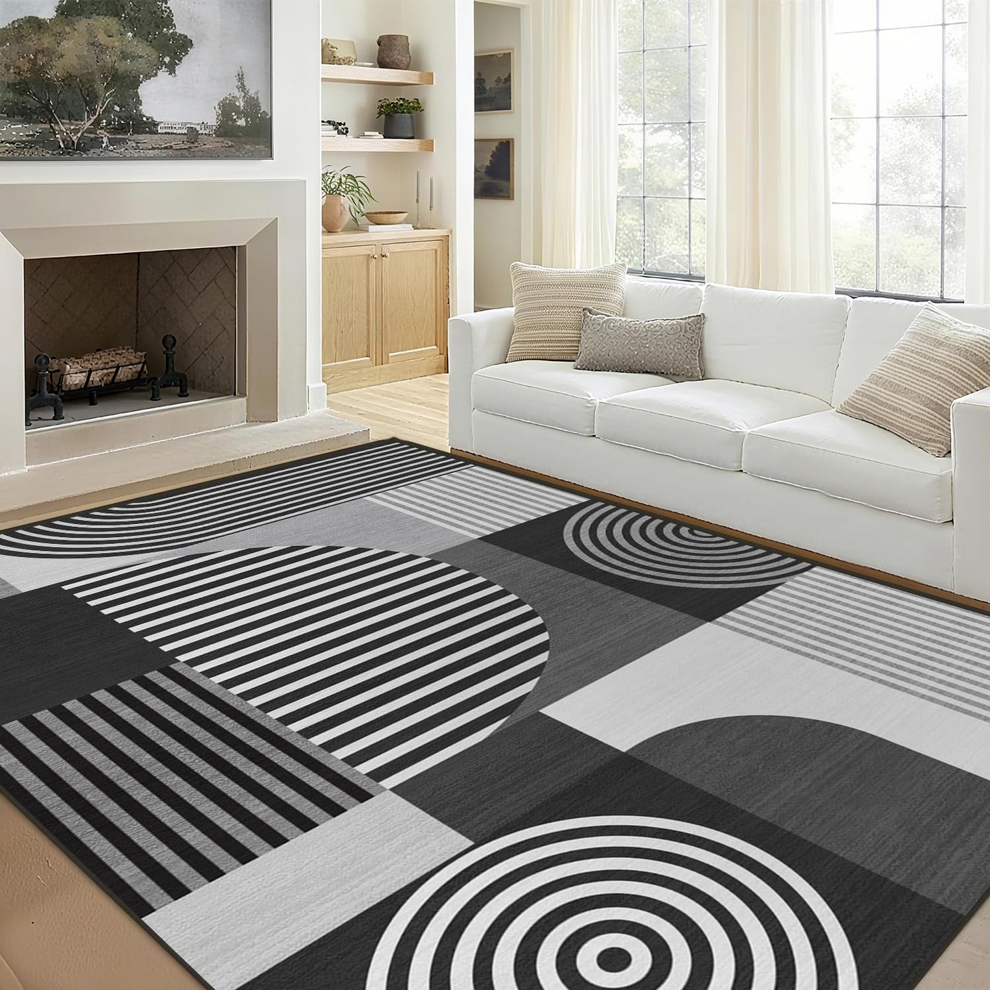 Glocmna Area Rug 5x7 Grey Geometric Rug for Living Room Black White Machine Washable Gray Minimalist Mid Century Modern Rugs Non Slip Low Pile Large Dining Room Indoor Floor Carpet for Bedroom Office